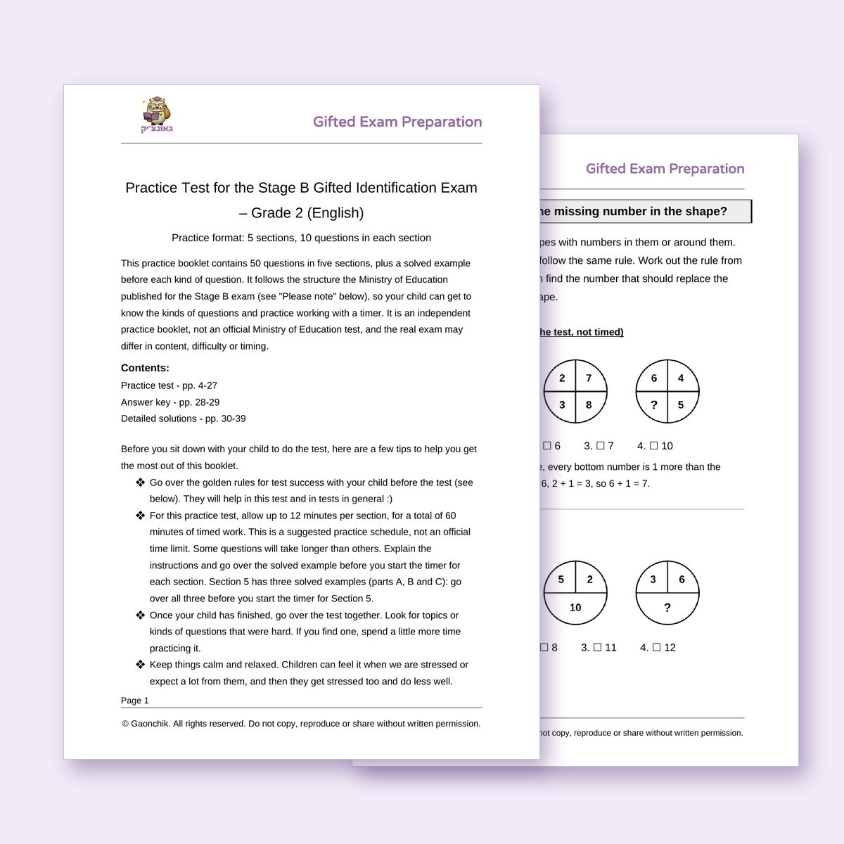 Real pages from the Gaonchik English practice test for the Stage B gifted exam, grade 2