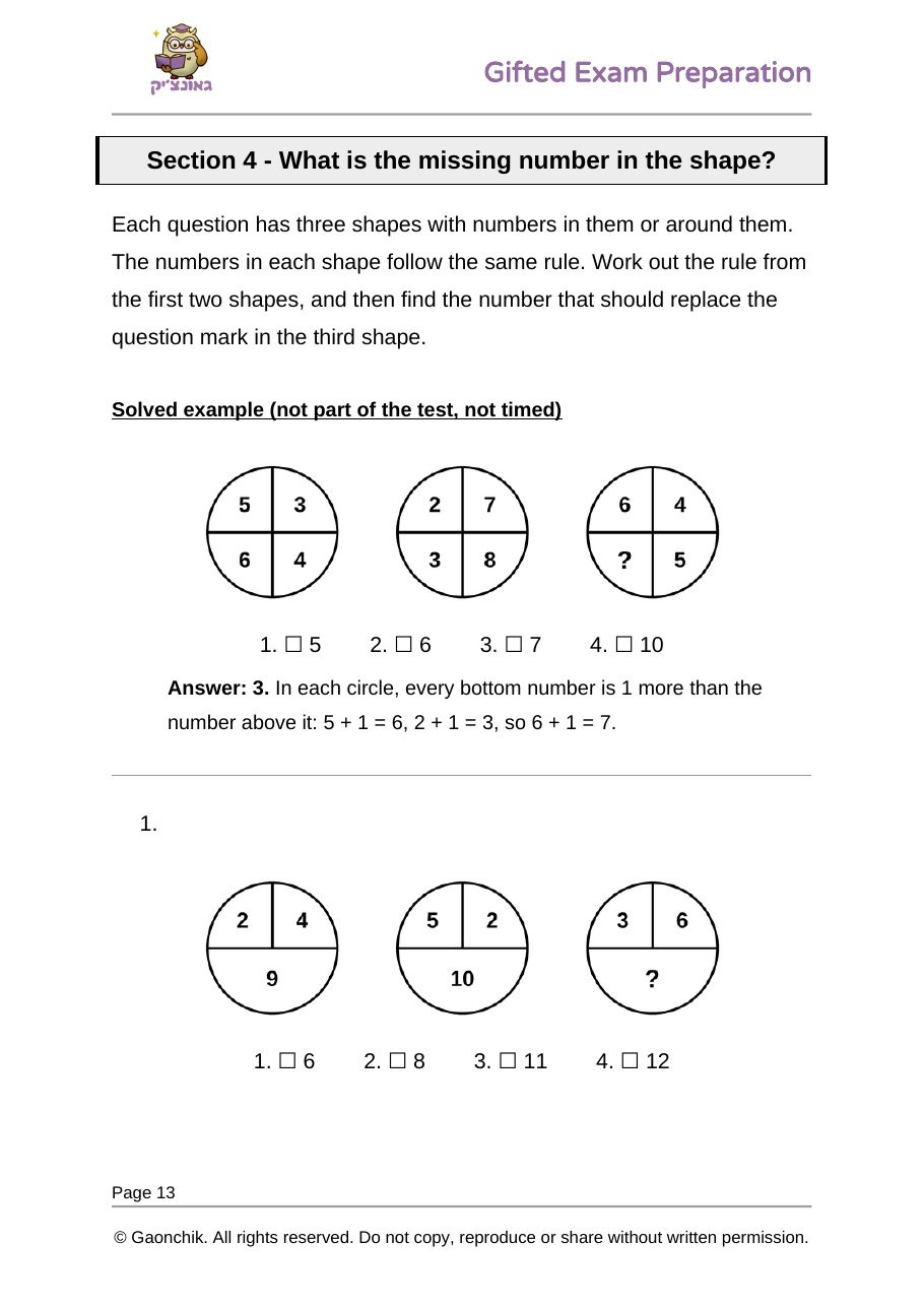 Section 4 page: the missing number in the shape, with a solved example