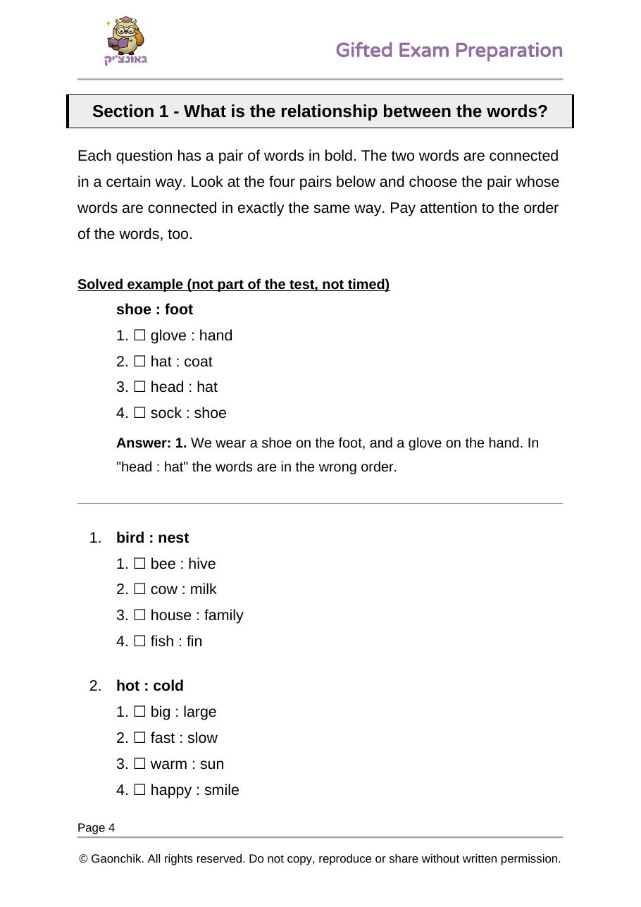 Section 1 page: word relationships, with a solved example